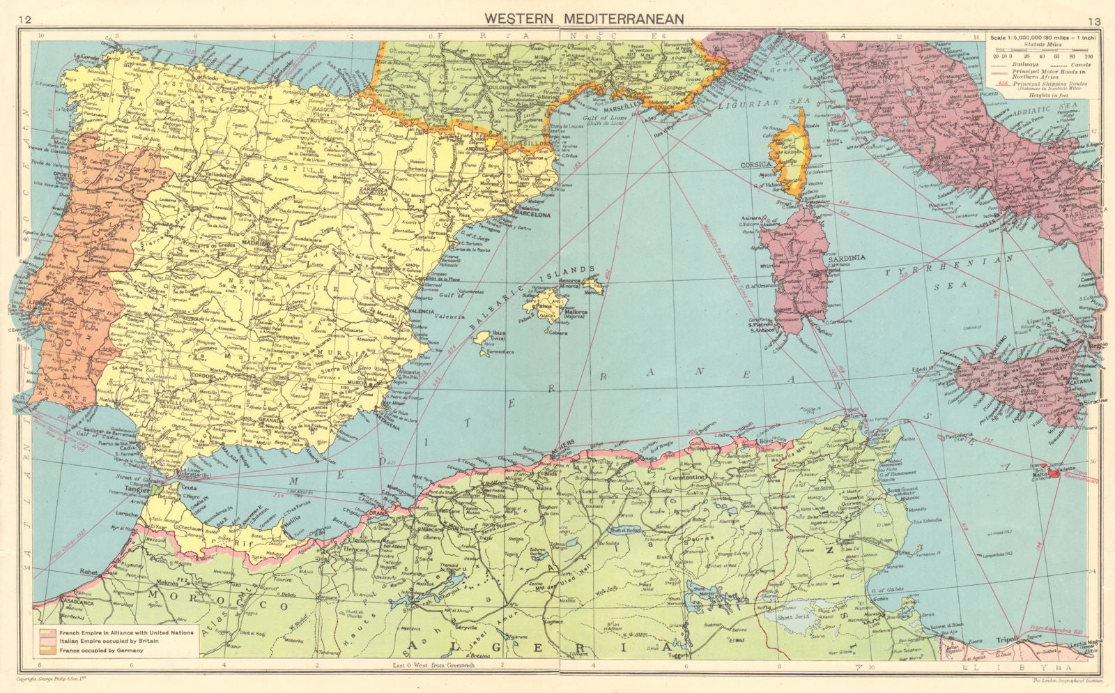 WORLD WAR 2. German occupied France. Allied occupied North Africa 1943 old map